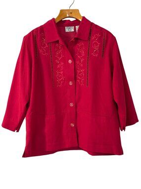 Vtg Cervelle Embroidered Silk Shirt Button Down Pink Beaded Pockets Size L